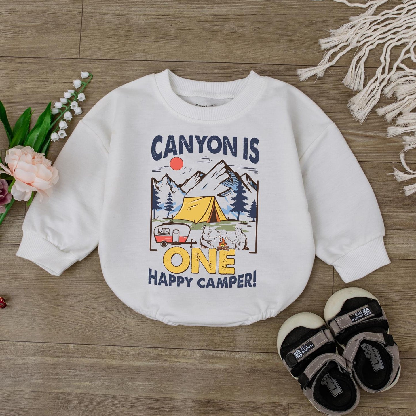 Personalized Happy Camper First Birthday Baby Girl Romper with Name, a Soft Comfortable Cotton Outdoor Theme Bodysuit Outfit Gift Idea