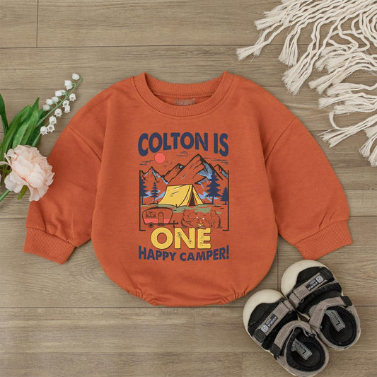 Personalized Happy Camper First Birthday Baby Girl Romper with Name, a Soft Comfortable Cotton Outdoor Theme Bodysuit Outfit Gift Idea