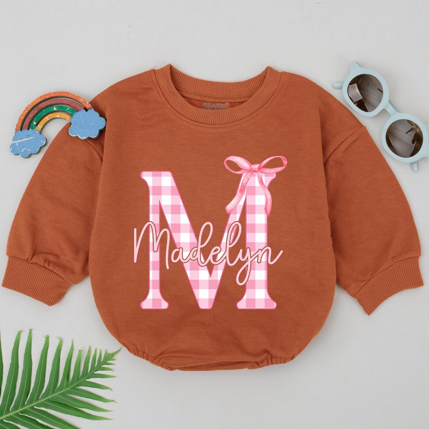 Personalized Madelyn Romper Gingham Letter M Pink Bow 1st Birthday Outfit Baby Girl Bodysuit Gift, Soft Cotton Turning One, Shower Gift Idea (138 chars)