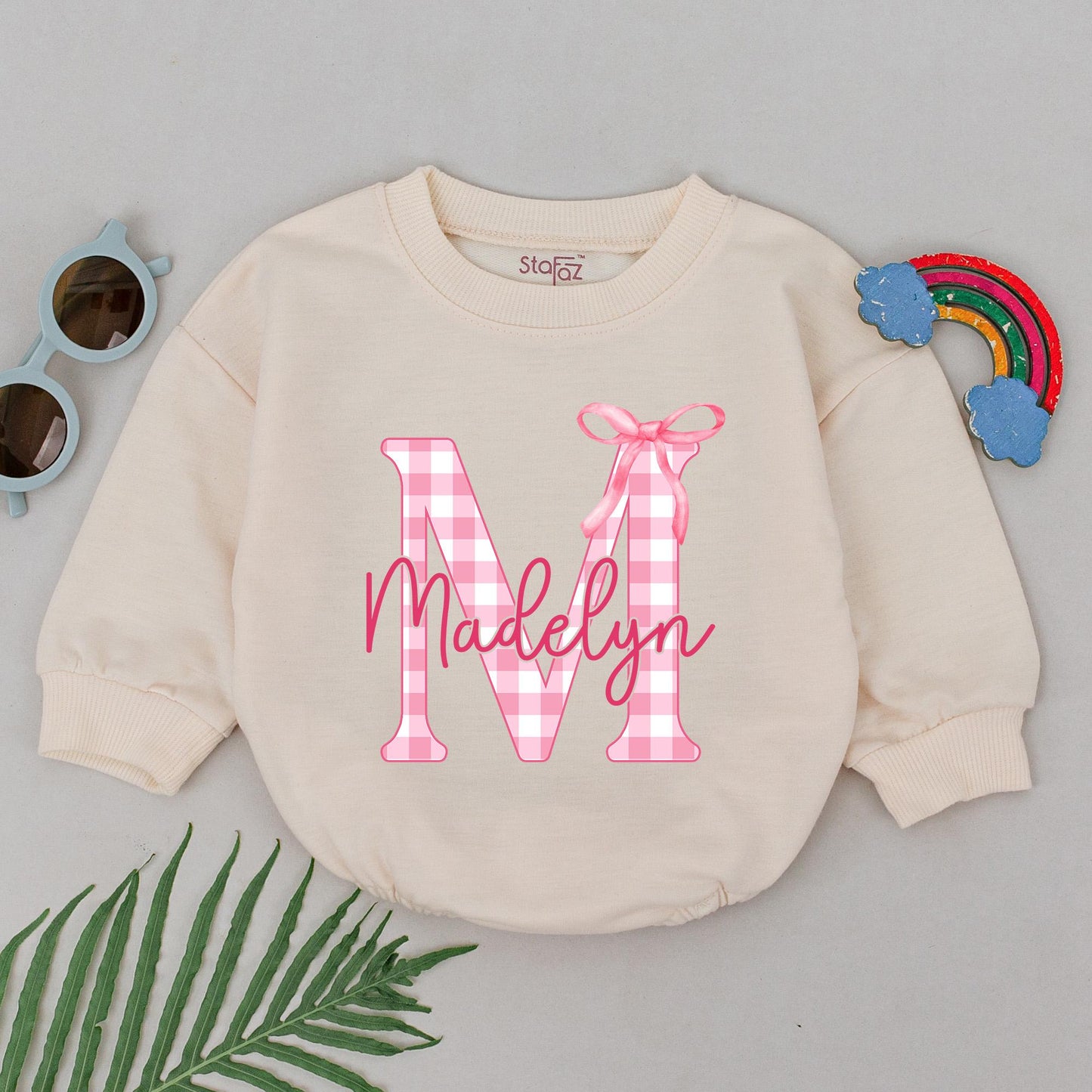 Personalized Madelyn Romper Gingham Letter M Pink Bow 1st Birthday Outfit Baby Girl Bodysuit Gift, Soft Cotton Turning One, Shower Gift Idea (138 chars)