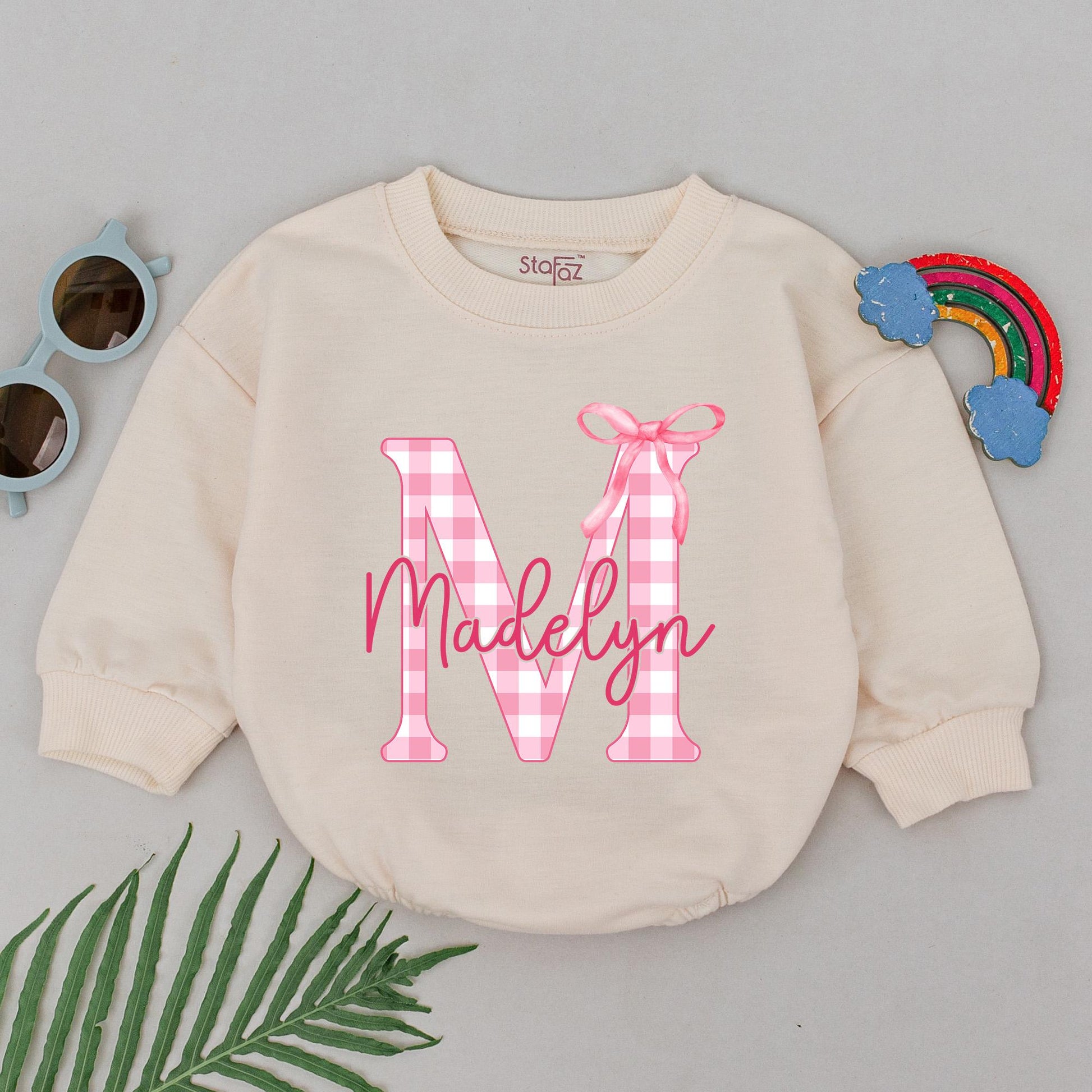 Personalized Madelyn Romper Gingham Letter M Pink Bow 1st Birthday Outfit Baby Girl Bodysuit Gift, Soft Cotton Turning One, Shower Gift Idea (138 chars)