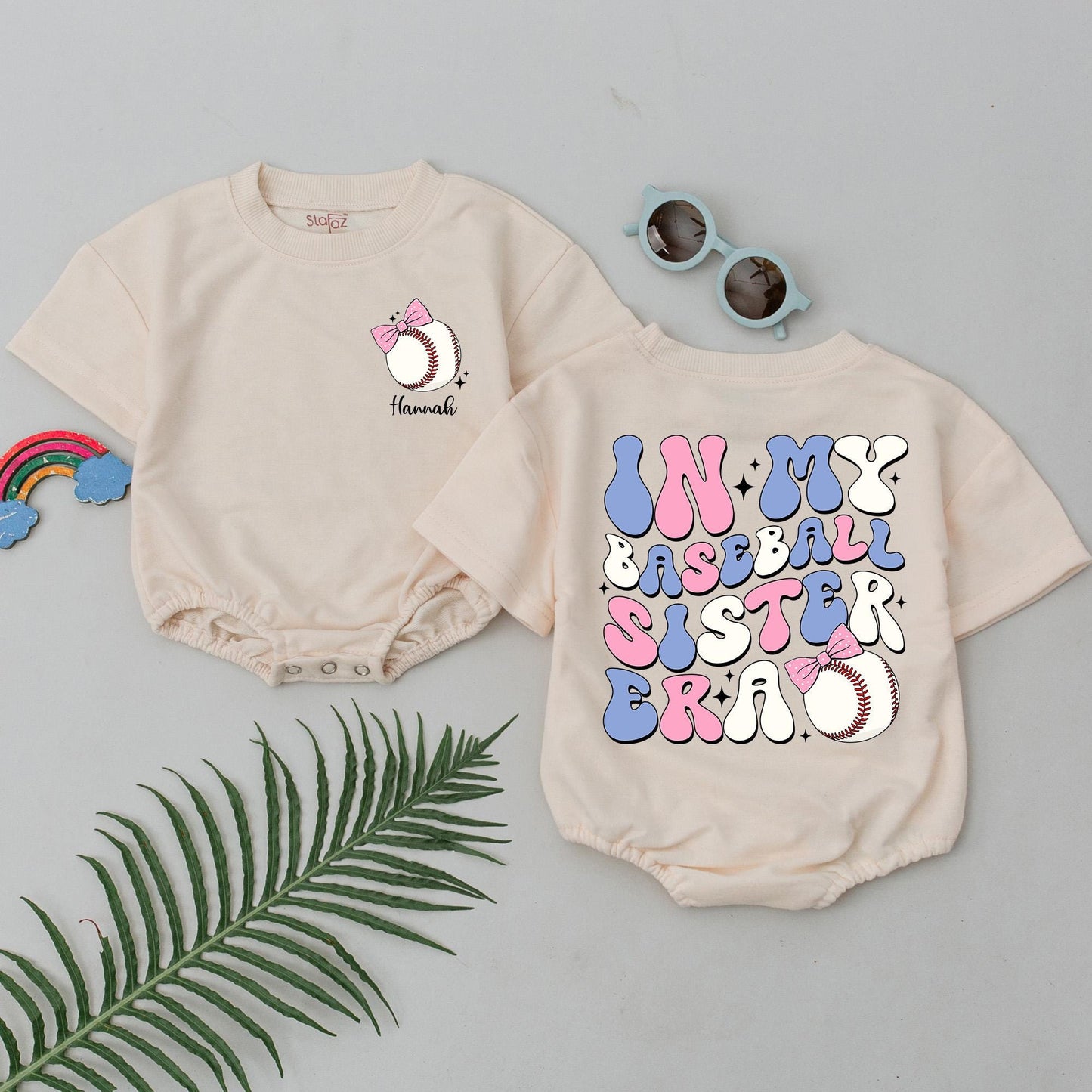 Personalized Baby Girl In My Baseball Sister Era Short Sleeve Bubble Romper Retro Pink Blue Baseball Design Gameday Outfit Gift