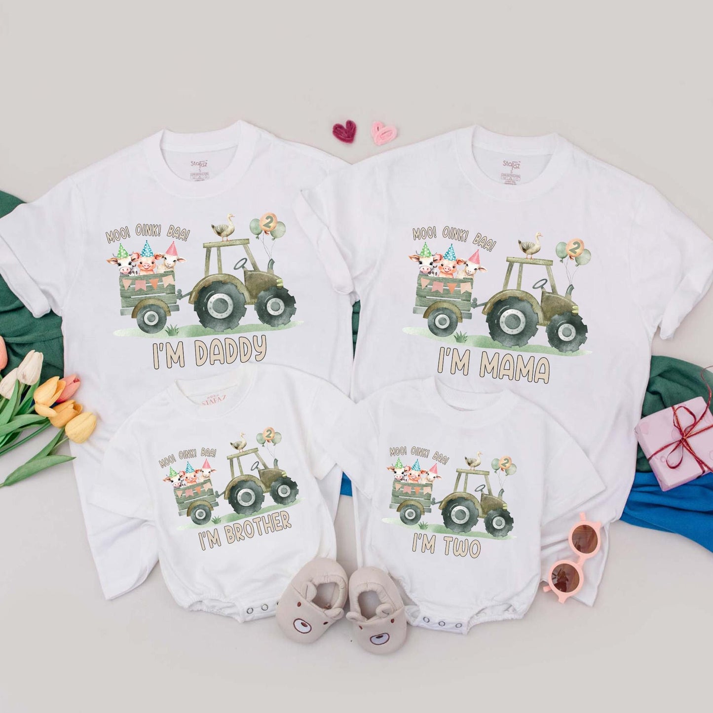 Farm 2nd Birthday Matching Family Shirts Tractor Animals Balloons MOO OINK BAA Daddy Mama Brother Two Tee