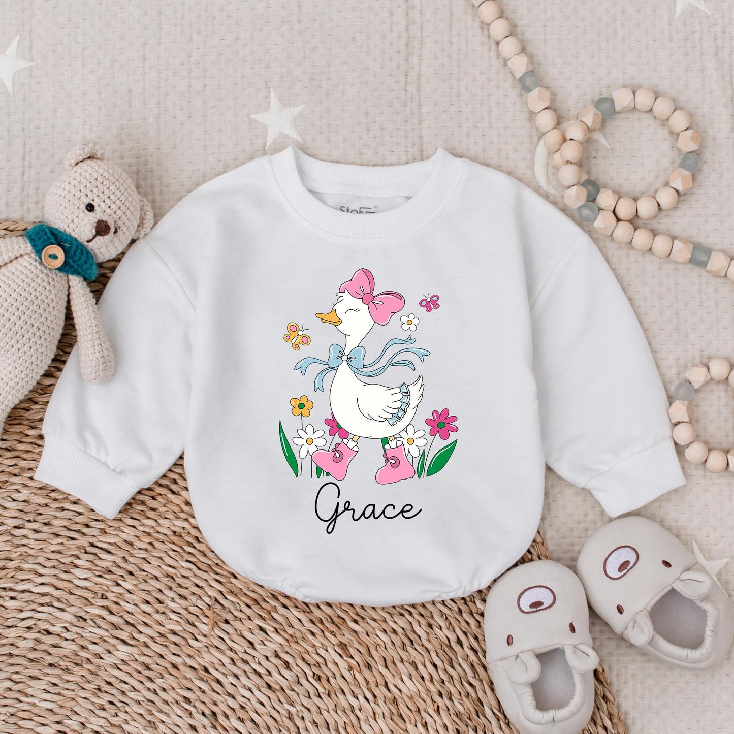Pink Goose Baby Girl Romper, Spring Floral Design, Newborn Gift, Coming Home Outfit, Funny Animal Clothes, Goose Bay Style