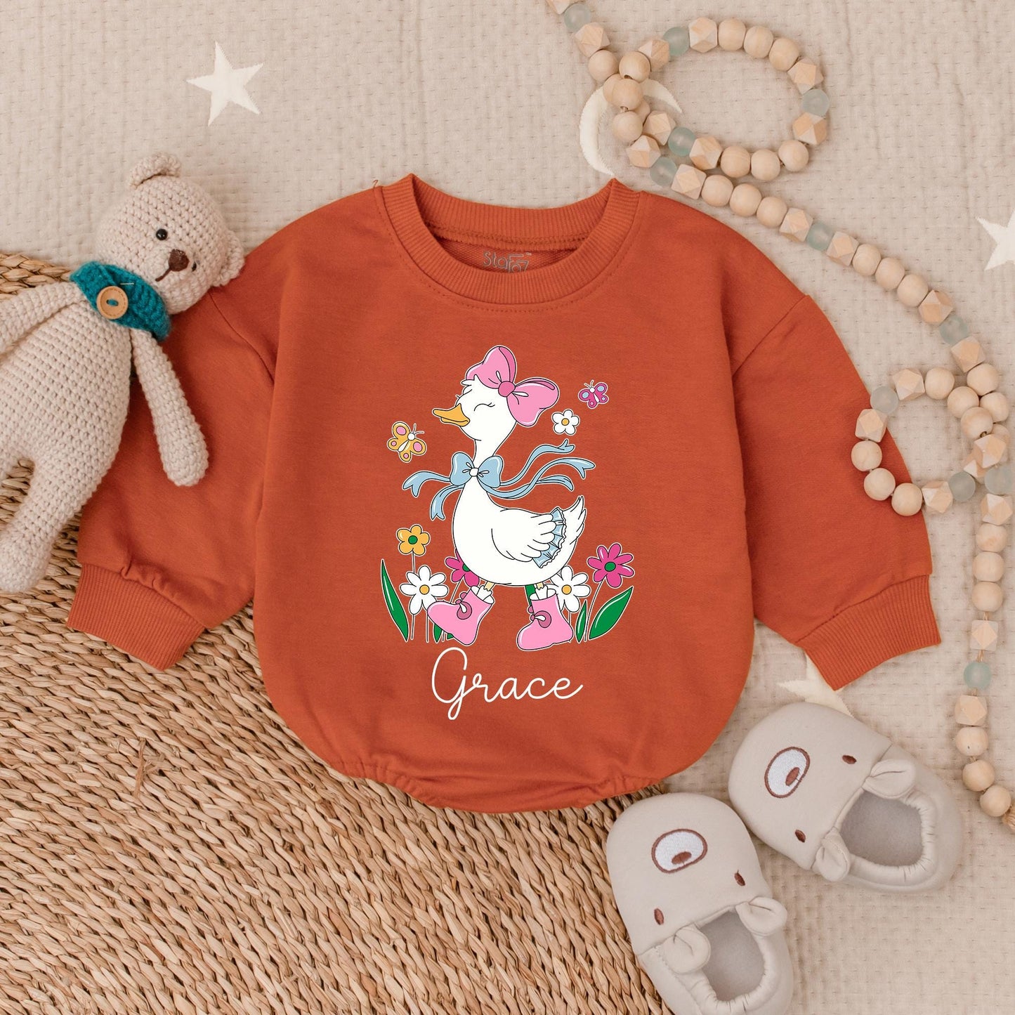 Pink Goose Baby Girl Romper, Spring Floral Design, Newborn Gift, Coming Home Outfit, Funny Animal Clothes, Goose Bay Style