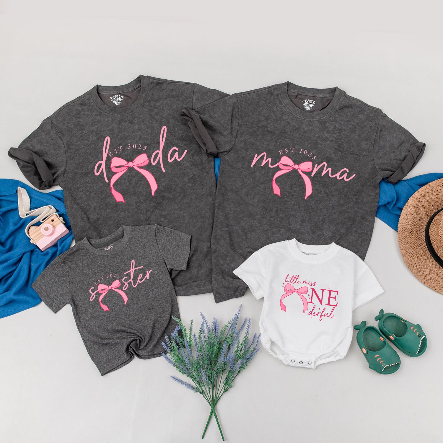 Pink Bow First Birthday Shirt for Girls Matching Family Coquette Birthday Party Outfit Mama Baby 1st Birthday Celebration