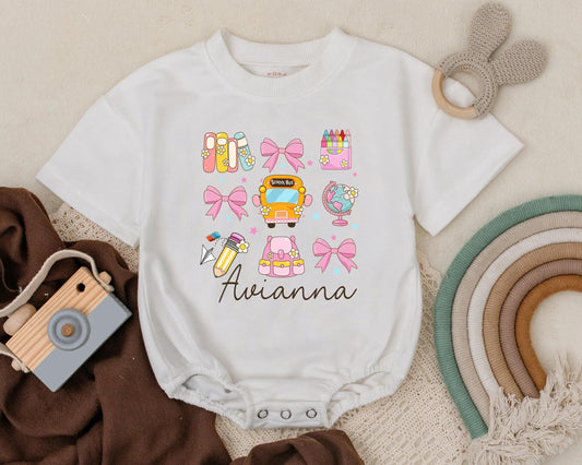 Personalized Back to School Bubble Romper Custom Name Infant Preschool Bodysuit Cute First Day School Clothes