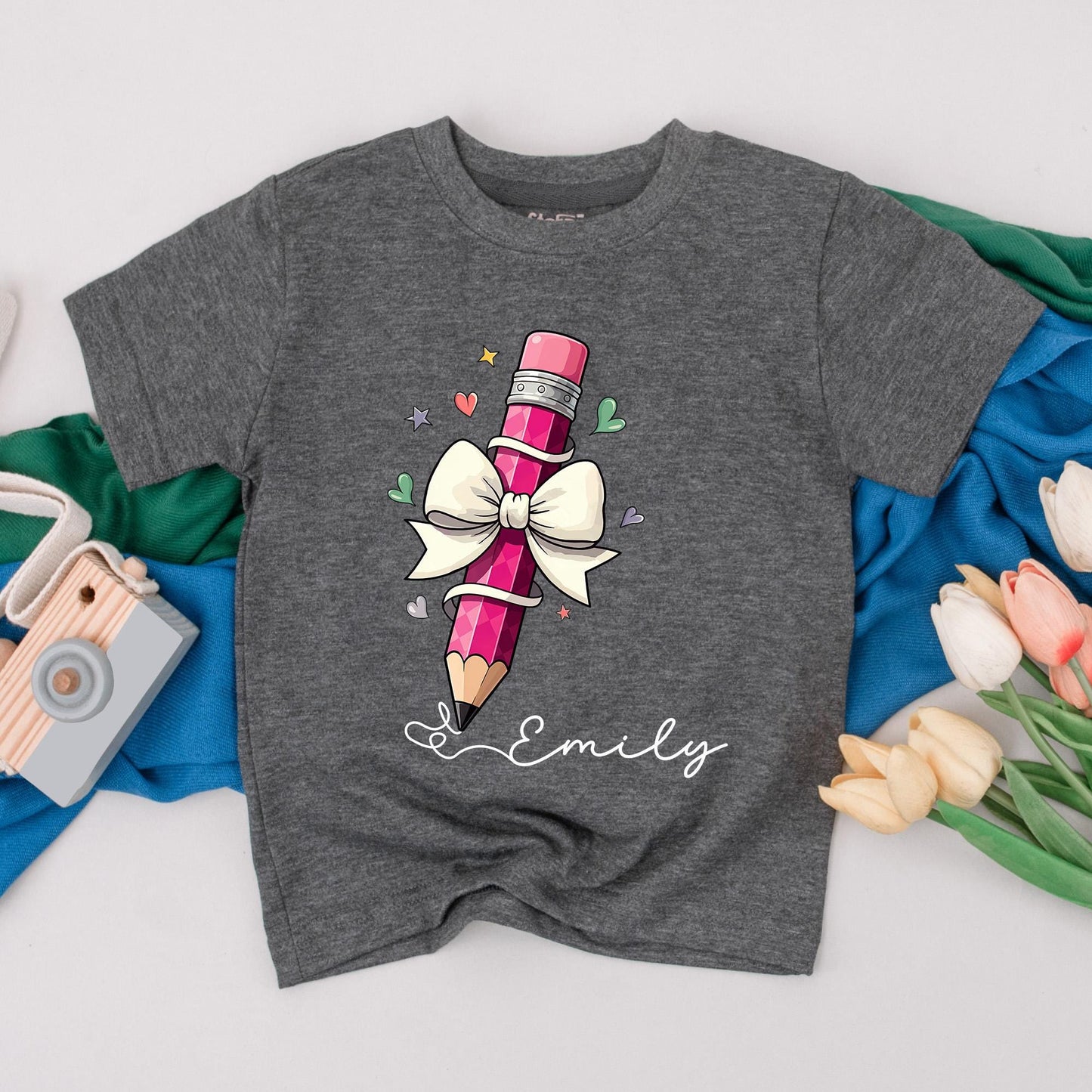Custom Pencil Name Back to School Shirt for Girls Cute Toddler First Day Outfit Personalized Little Kid School Year T-Shirt
