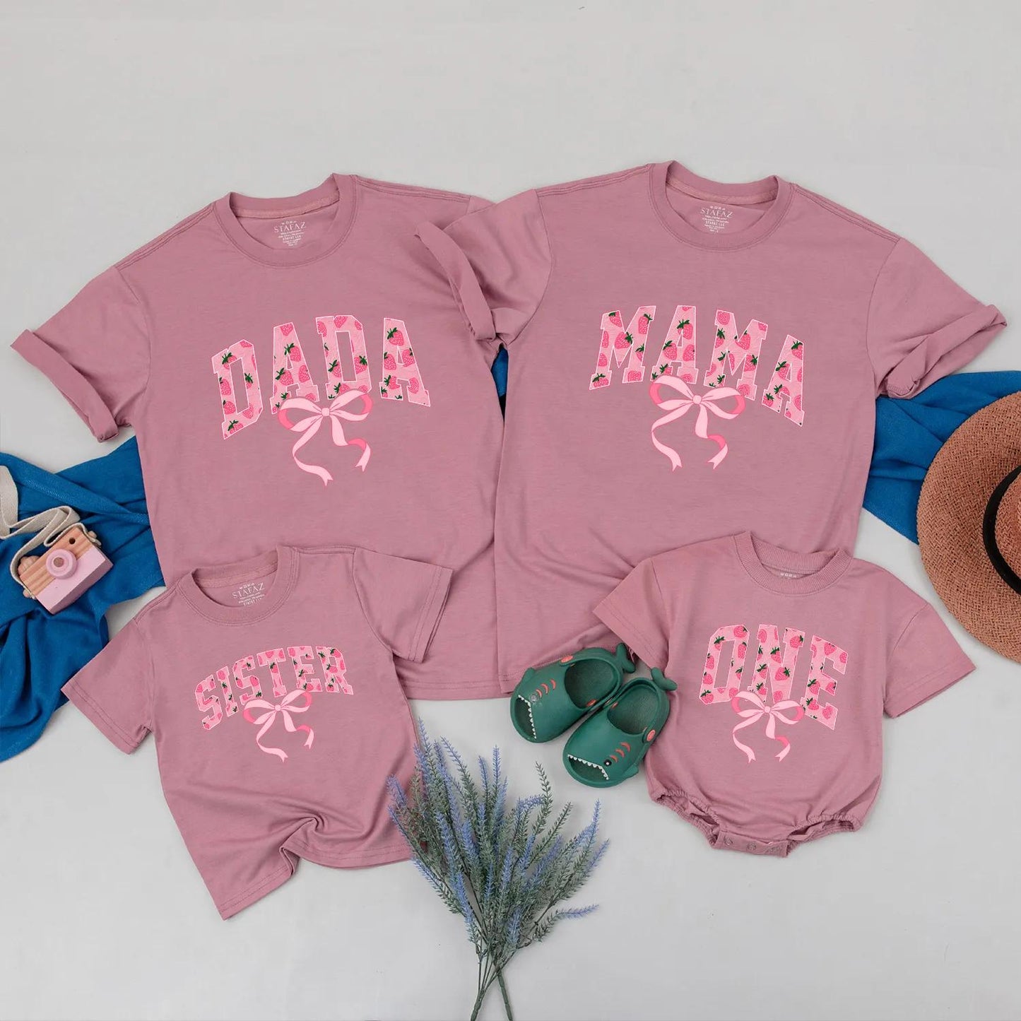 Matching Strawberry Birthday Family Shirts: Dada, Mama, Sister, 1st Birthday Girl Outfit with Pink Bow & Cute Design