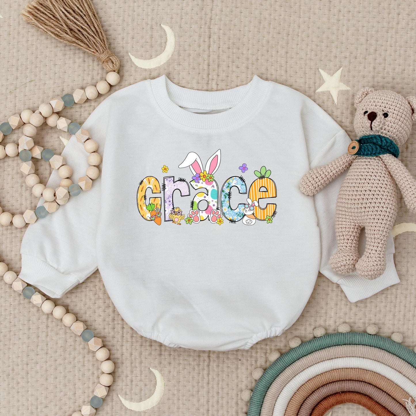 Personalized Easter Baby Bodysuit Grace Design, Custom Name Outfit with Bunny Ears & Floral Details, First Easter Bodysuit Spring Newborn Gift (136 chars)