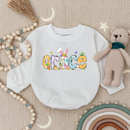 Personalized Easter Baby Bodysuit Grace Design, Custom Name Outfit with Bunny Ears & Floral Details, First Easter Bodysuit Spring Newborn Gift (136 chars)