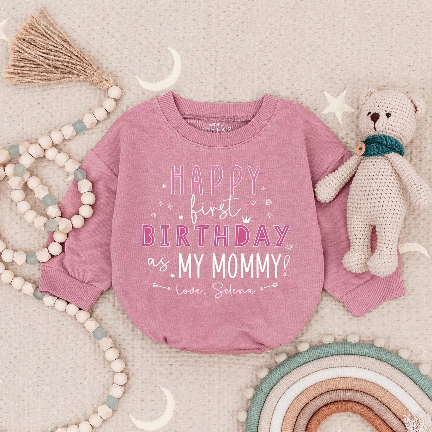 Happy 1st Birthday as my Mommy Baby Romper, Selena's First Birthday Outfit, Cute Birthday Girl Bodysuit, Mommy's Gift, Star & Hearts Design (137 chars)