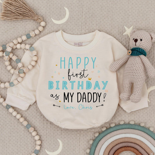 Happy 1st Birthday Daddy Baby Boy Romper - Teal & Black Design with 'Love, Chris' Cute Birthday Gift for Dad! Personalized Bodysuit Outfit