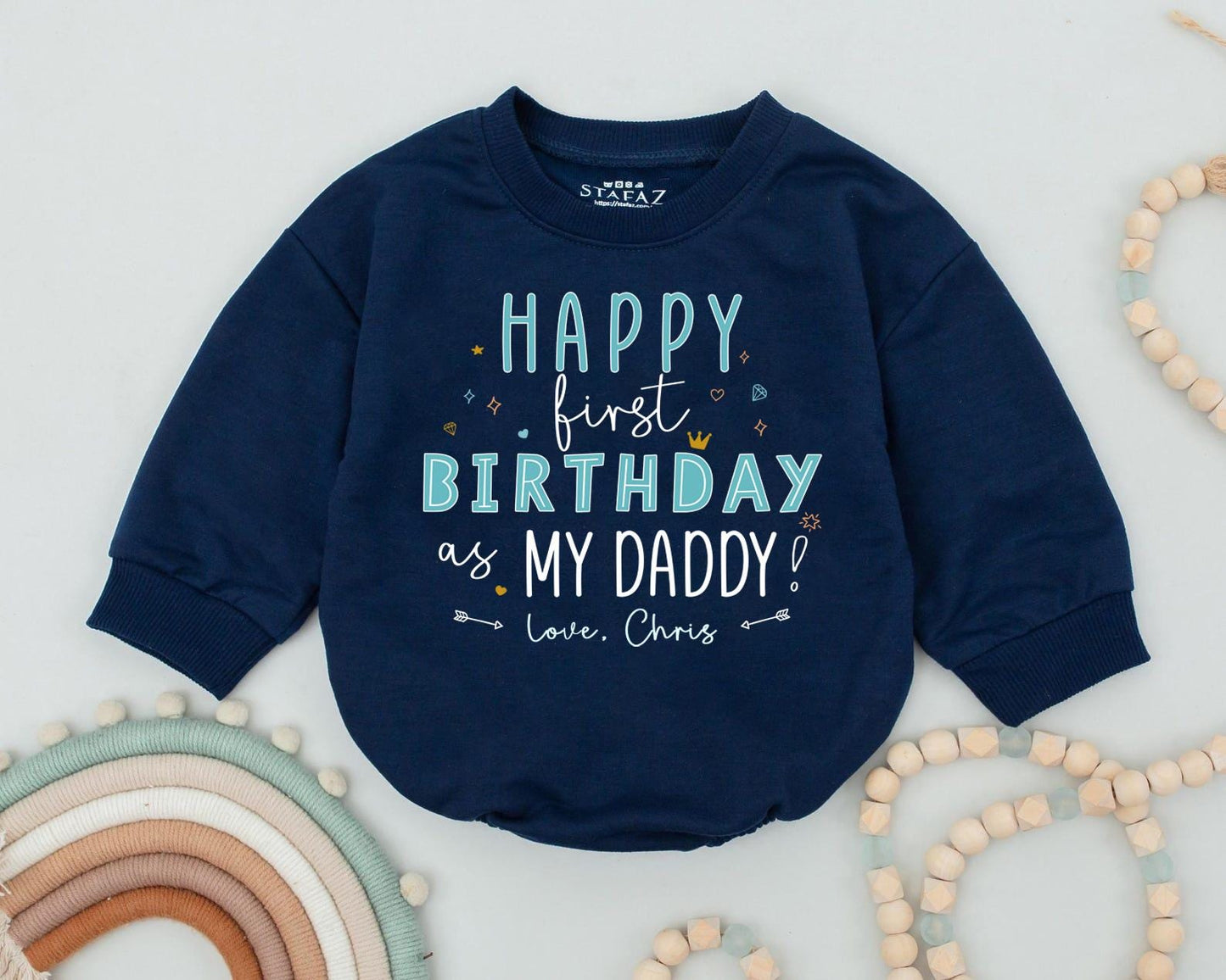 Happy 1st Birthday Daddy Baby Boy Romper - Teal & Black Design with 'Love, Chris' Cute Birthday Gift for Dad! Personalized Bodysuit Outfit