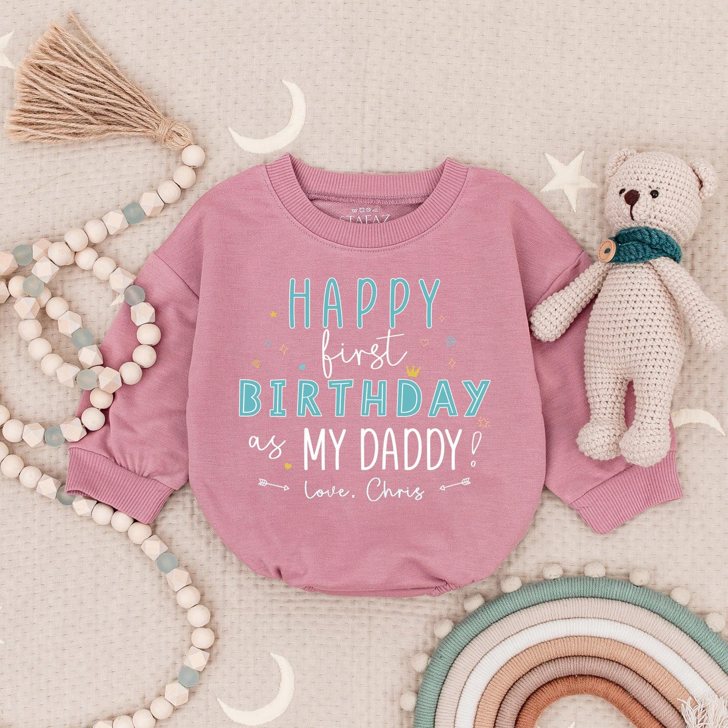 Happy 1st Birthday Daddy Baby Boy Romper - Teal & Black Design with 'Love, Chris' Cute Birthday Gift for Dad! Personalized Bodysuit Outfit