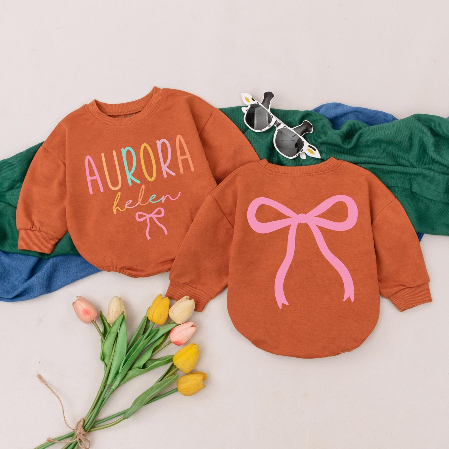 Pastel Rainbow Aurora "helen" Baby Girl Romper Pink Bow Birthday Outfit Personalized Infant Shower Gift