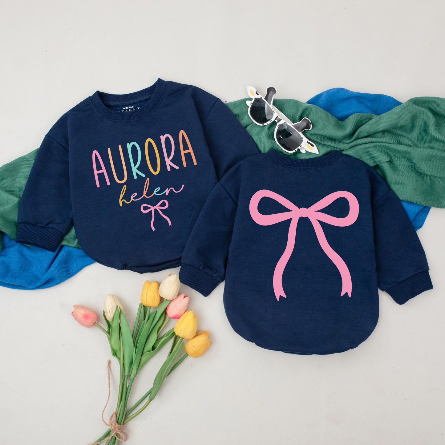 Pastel Rainbow Aurora "helen" Baby Girl Romper Pink Bow Birthday Outfit Personalized Infant Shower Gift