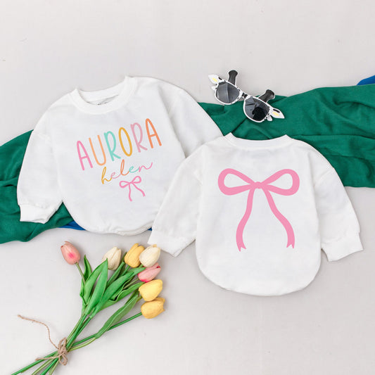 Pastel Rainbow Aurora "helen" Baby Girl Romper Pink Bow Birthday Outfit Personalized Infant Shower Gift
