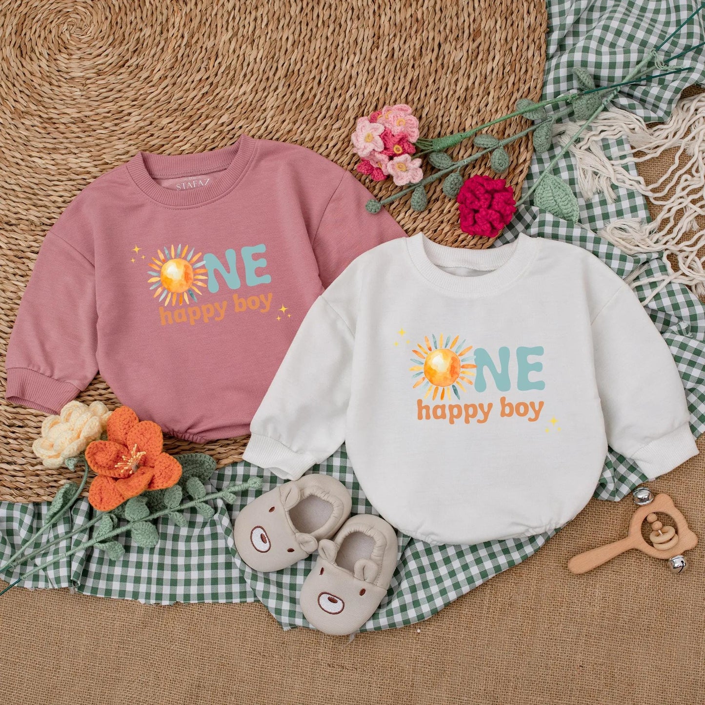 One Happy Boy 1st Birthday Romper Boho Sun Design First Trip Around The Sun Baby Bodysuit Summer Sunshine Outfit Gift