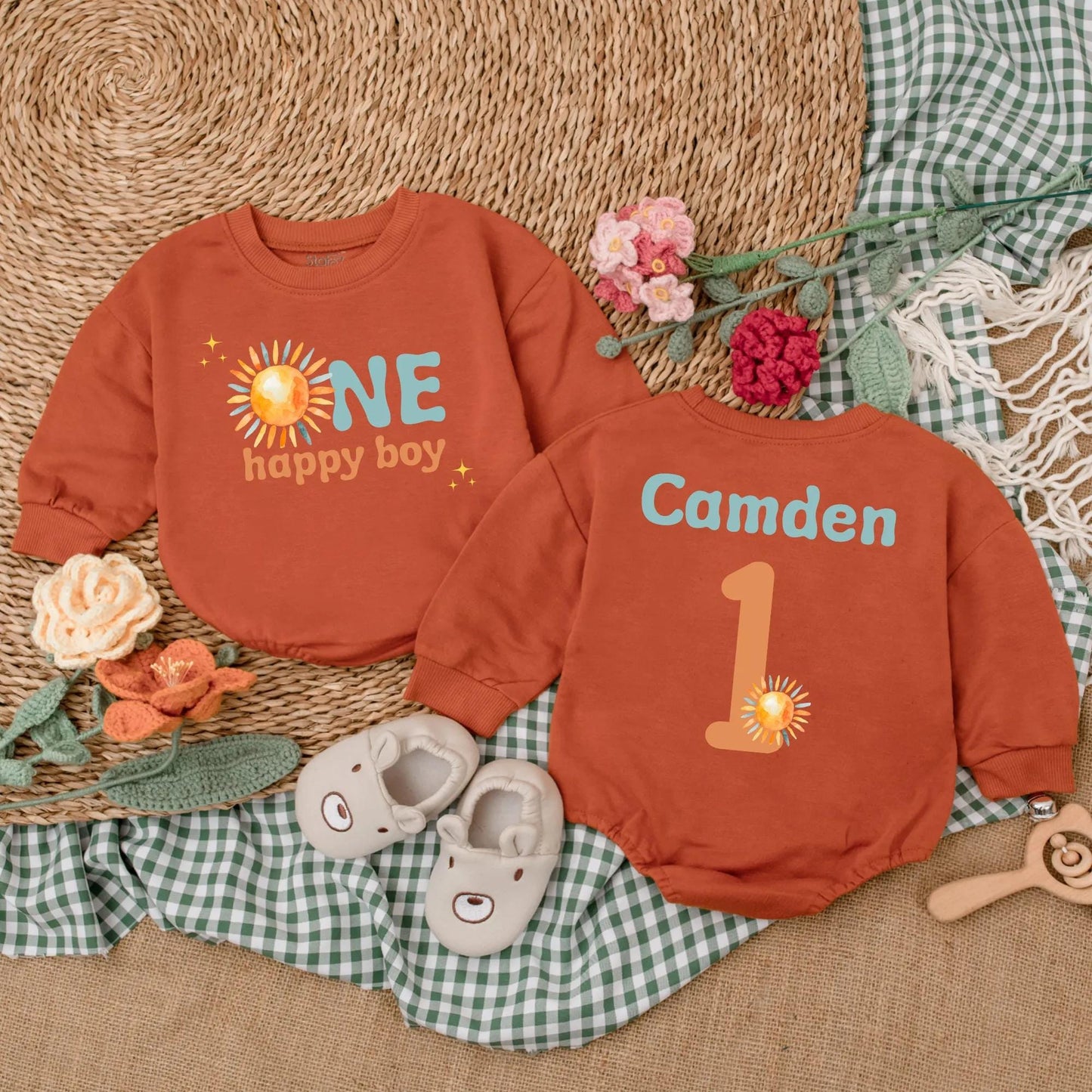 One Happy Boy 1st Birthday Romper Boho Sun Design First Trip Around The Sun Baby Bodysuit Summer Sunshine Outfit Gift