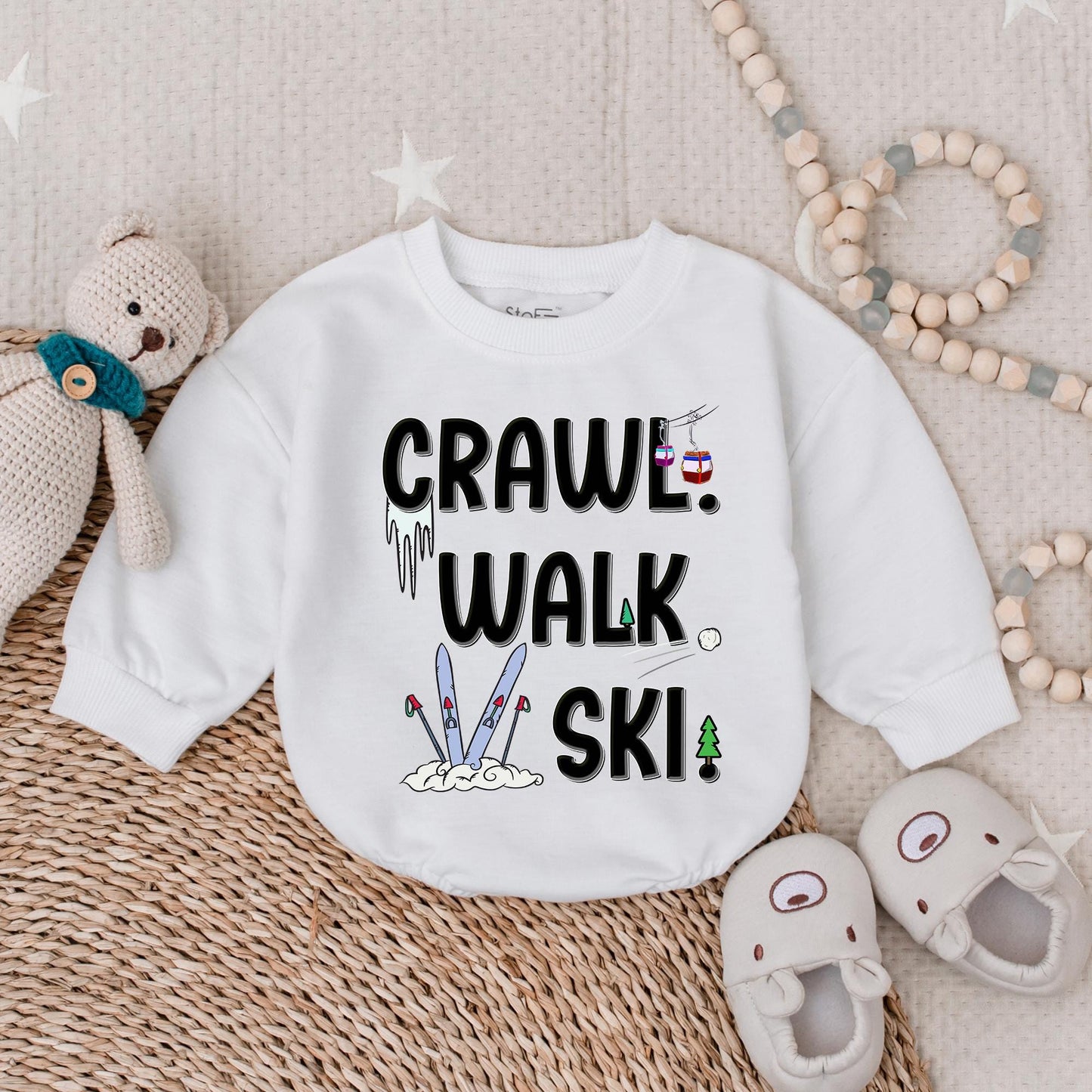 Crawl Walk Ski Baby Romper Sweatshirt – Funny Baby Skiing Outfit – Perfect for Winter – Customizable Baby Sweatshirt for Skiing Families