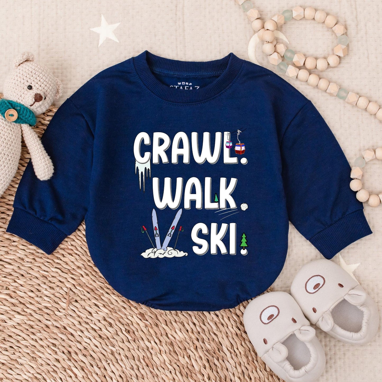 Crawl Walk Ski Baby Romper Sweatshirt – Funny Baby Skiing Outfit – Perfect for Winter – Customizable Baby Sweatshirt for Skiing Families