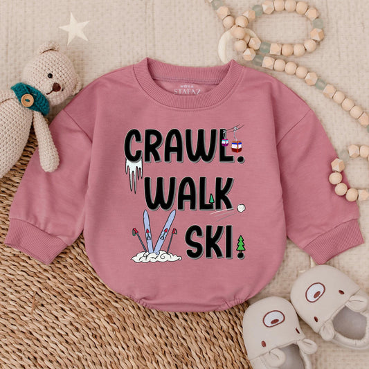 Crawl Walk Ski Baby Romper Sweatshirt – Funny Baby Skiing Outfit – Perfect for Winter – Customizable Baby Sweatshirt for Skiing Families