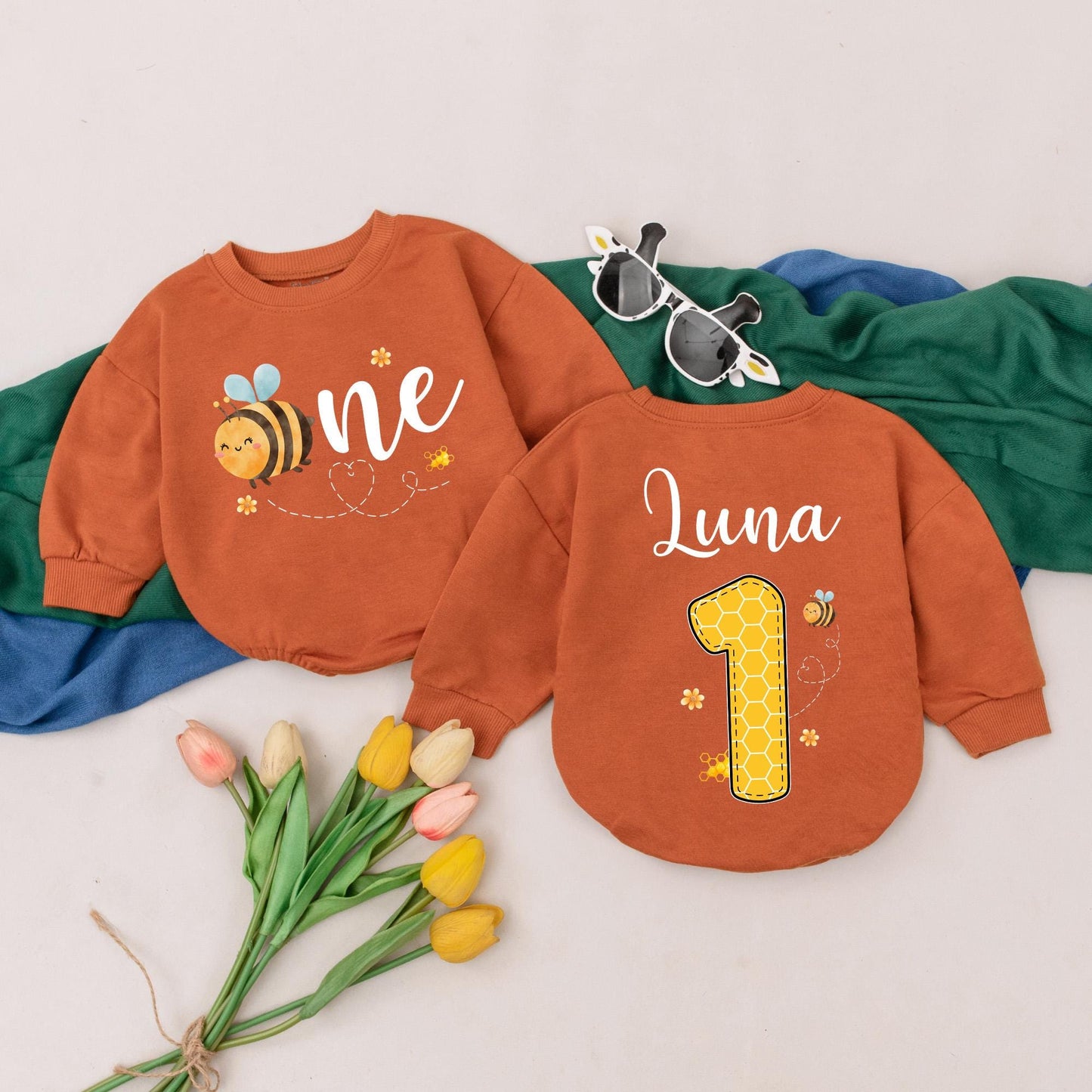 Sweet Bee First Birthday Romper, Personalized Bumble Bee Outfit, Custom Name 1st Bee Day Bodysuit, Infant Girl or Boy, Honey Bee Party Gift (140 chars)