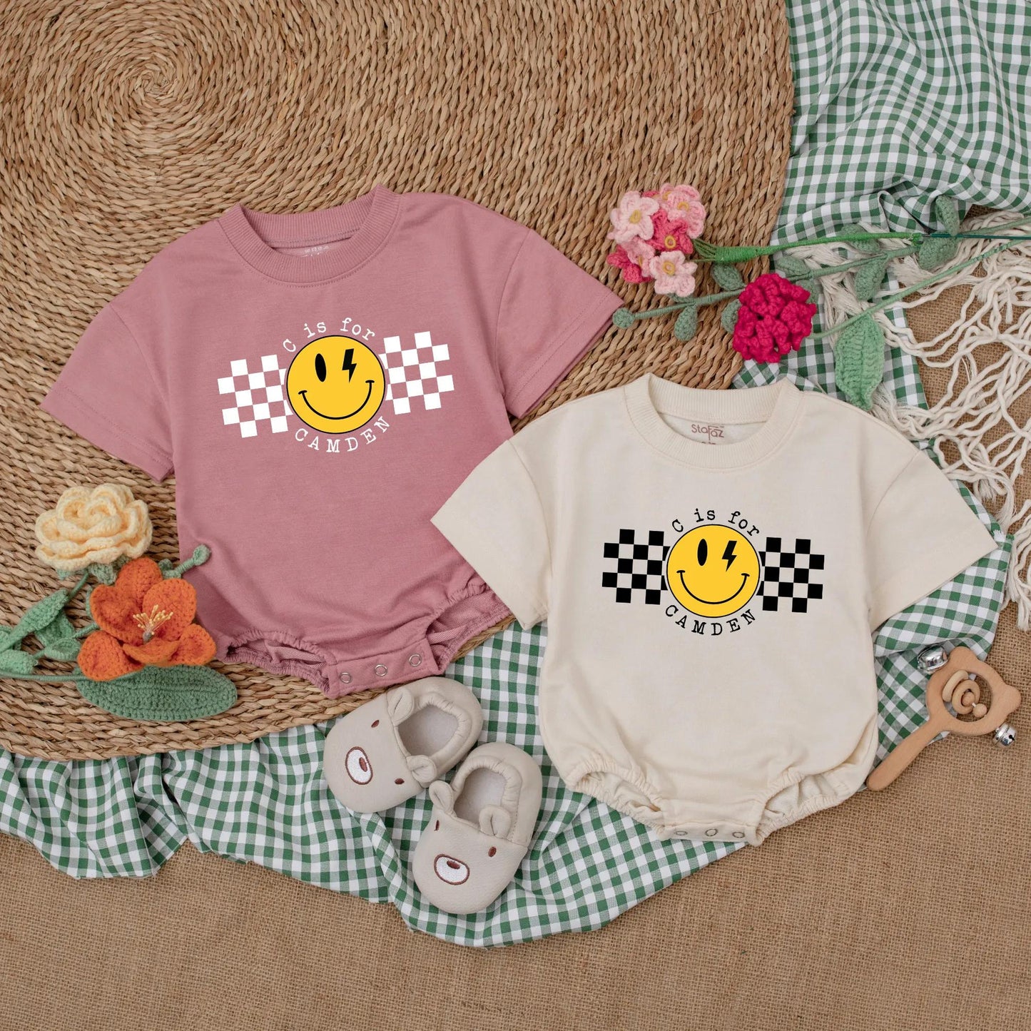 Personalized Name Checkered Happy Dude Romper Baby Boy Clothes First Birthday Outfit Custom Baby Shower Gift