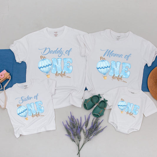 Little Mr Onederful Blue Air Balloon Birthday Shirt for Boys First Birthday Party Outfit Mr One Derful Tee