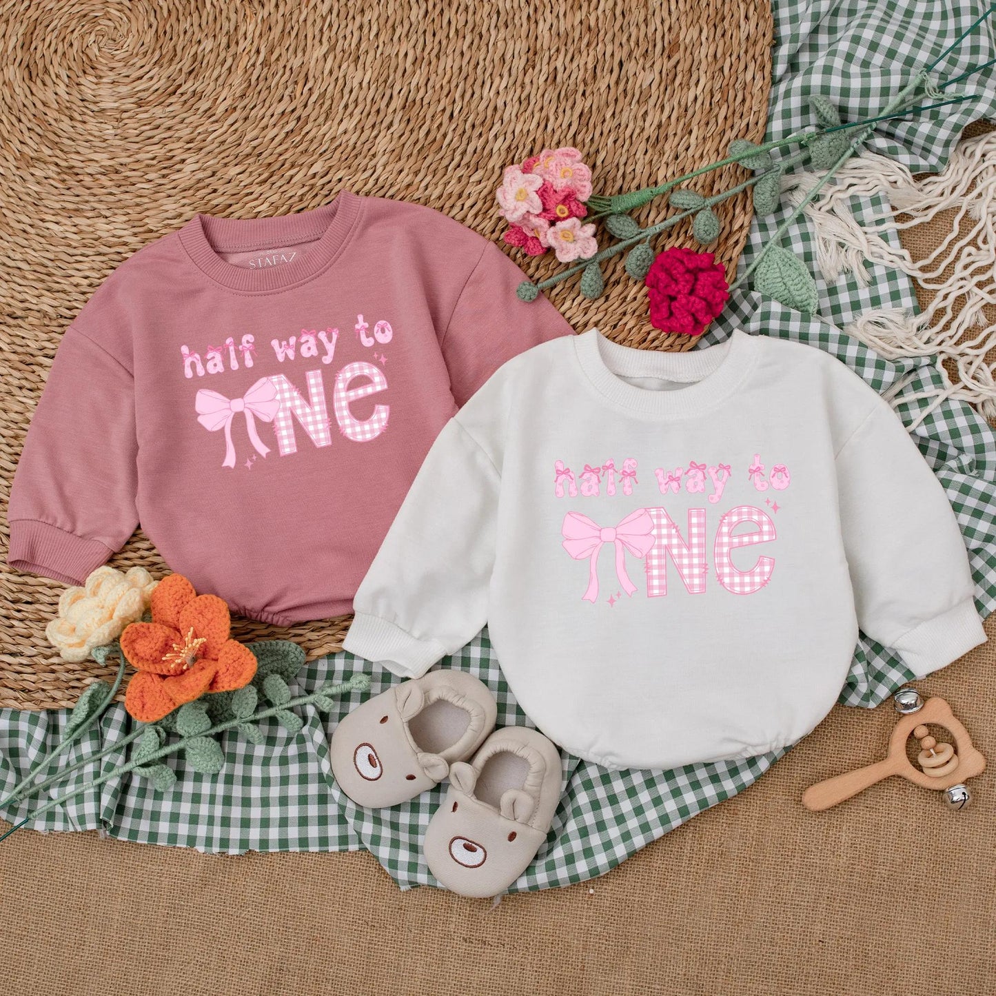 Personalized Pink Bow Half Birthday Girl Romper 6 Months Old Half Way to One Baby Bodysuit Outfit Cute Infant Gift
