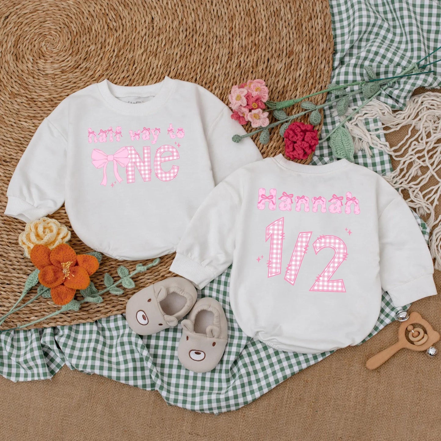 Personalized Pink Bow Half Birthday Girl Romper 6 Months Old Half Way to One Baby Bodysuit Outfit Cute Infant Gift