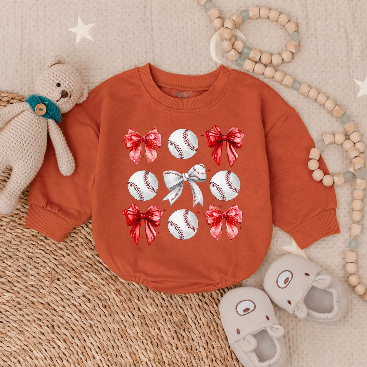 Vintage Baseball Bow Sweatshirt Romper Bodysuit for Baby Gameday Fun, Perfect Pregnancy Reveal or Shower Gift