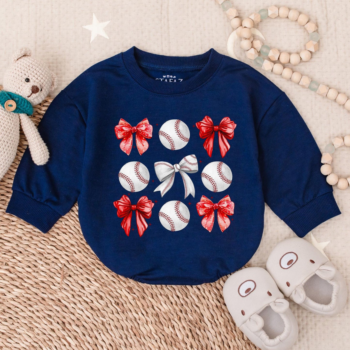 Vintage Baseball Bow Sweatshirt Romper Bodysuit for Baby Gameday Fun, Perfect Pregnancy Reveal or Shower Gift
