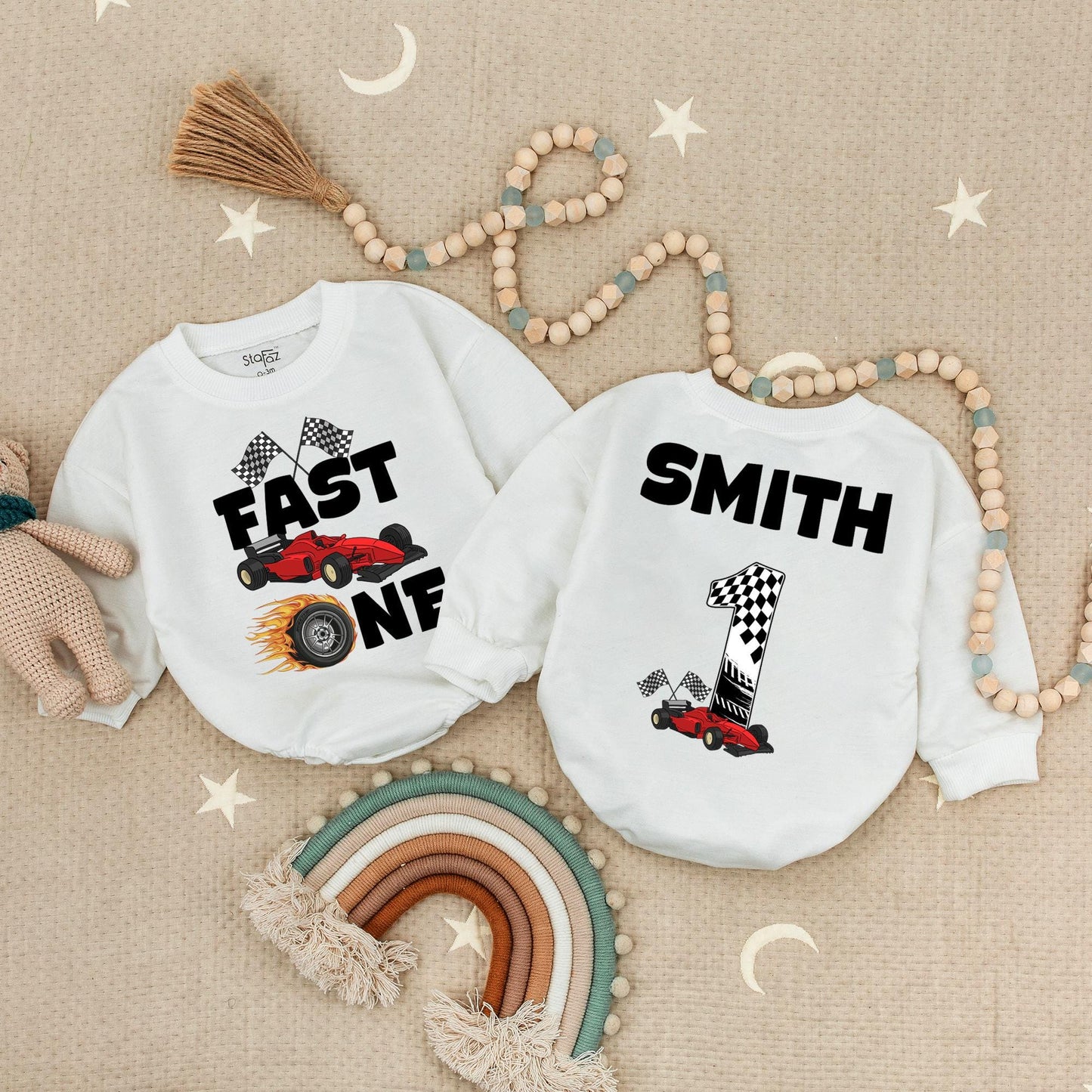 Fast One Racecar Birthday Romper Baby Boy First Birthday Bodysuit Cute Toddler 1st Birthday Outfit with Checkered Flags and Red Car Design