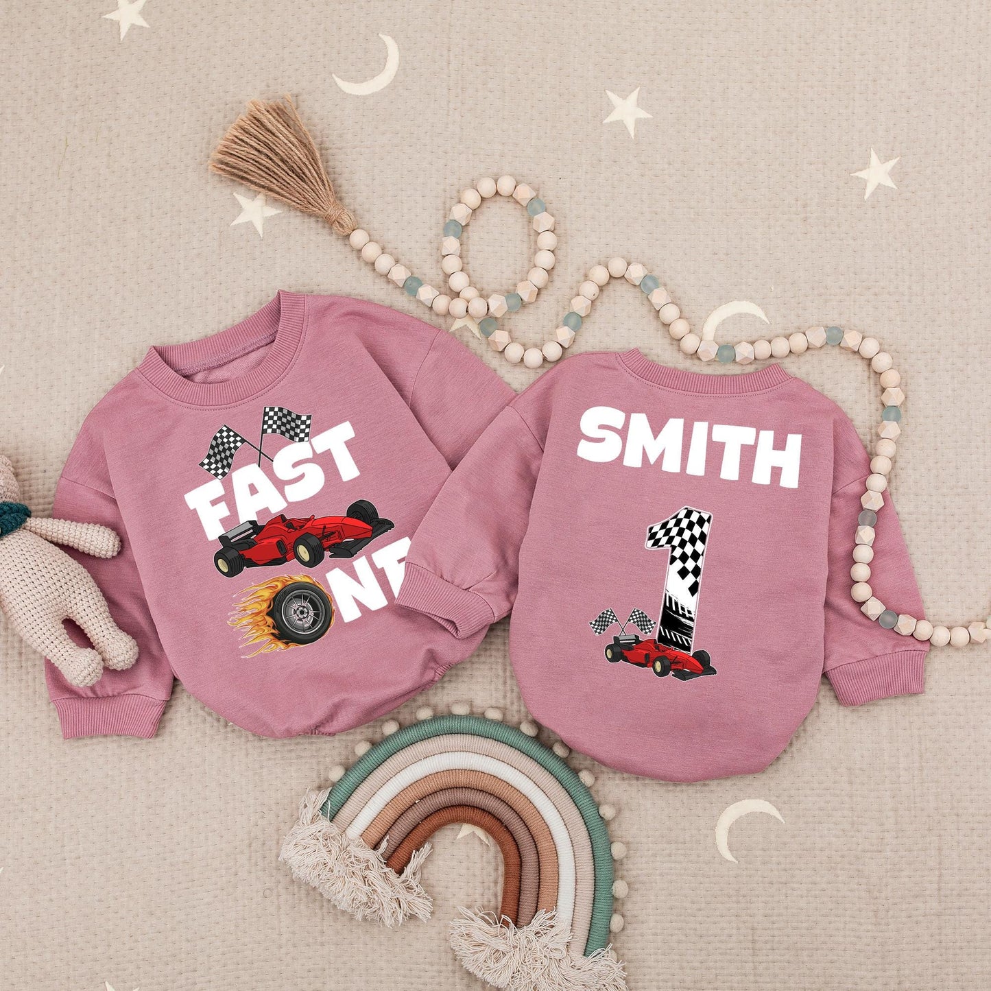 Fast One Racecar Birthday Romper Baby Boy First Birthday Bodysuit Cute Toddler 1st Birthday Outfit with Checkered Flags and Red Car Design