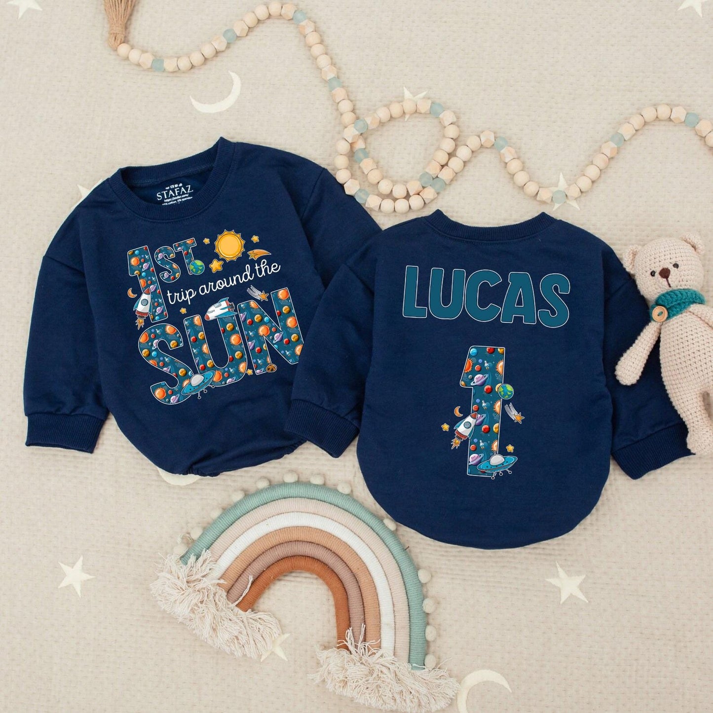 Outer Space "1ST Trip Around The SUN" Baby Romper, Lucas 1st Birthday Blast Off Party Suit, Planets Stars Spaceships Fun
