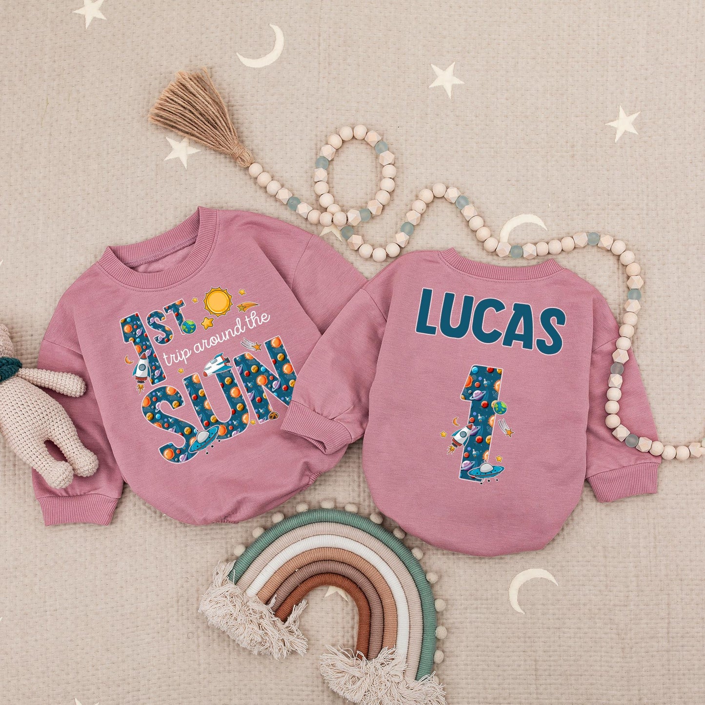 Outer Space "1ST Trip Around The SUN" Baby Romper, Lucas 1st Birthday Blast Off Party Suit, Planets Stars Spaceships Fun