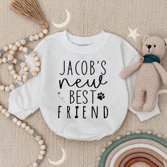 Jacob's New Best Friend Baby Bodysuit - Custom Dog Name Romper Infant Gift, Paw Print Design Newborn Outfit