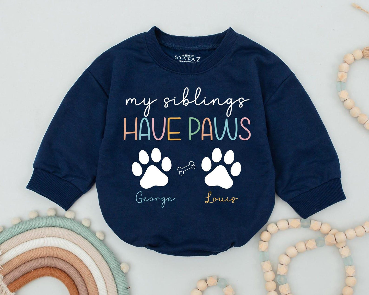 My Siblings Have Paws Personalized Baby Romper, Custom Dog Name Bodysuit for Little Pet Lovers, Cute Paw Print Baby Outfit, Adorable Dog Sibling Gift