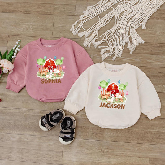 Personalized Farm Barnyard Birthday Romper Baby First 1st Birthday Outfit Animal Bodysuit for Infant Boy Girl Soft Cotton Comfortable Gift