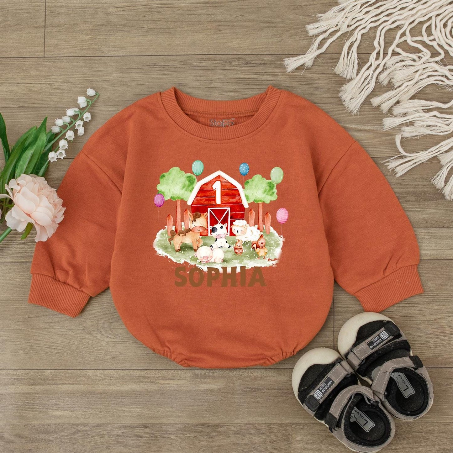 Personalized Farm Barnyard Birthday Romper Baby First 1st Birthday Outfit Animal Bodysuit for Infant Boy Girl Soft Cotton Comfortable Gift