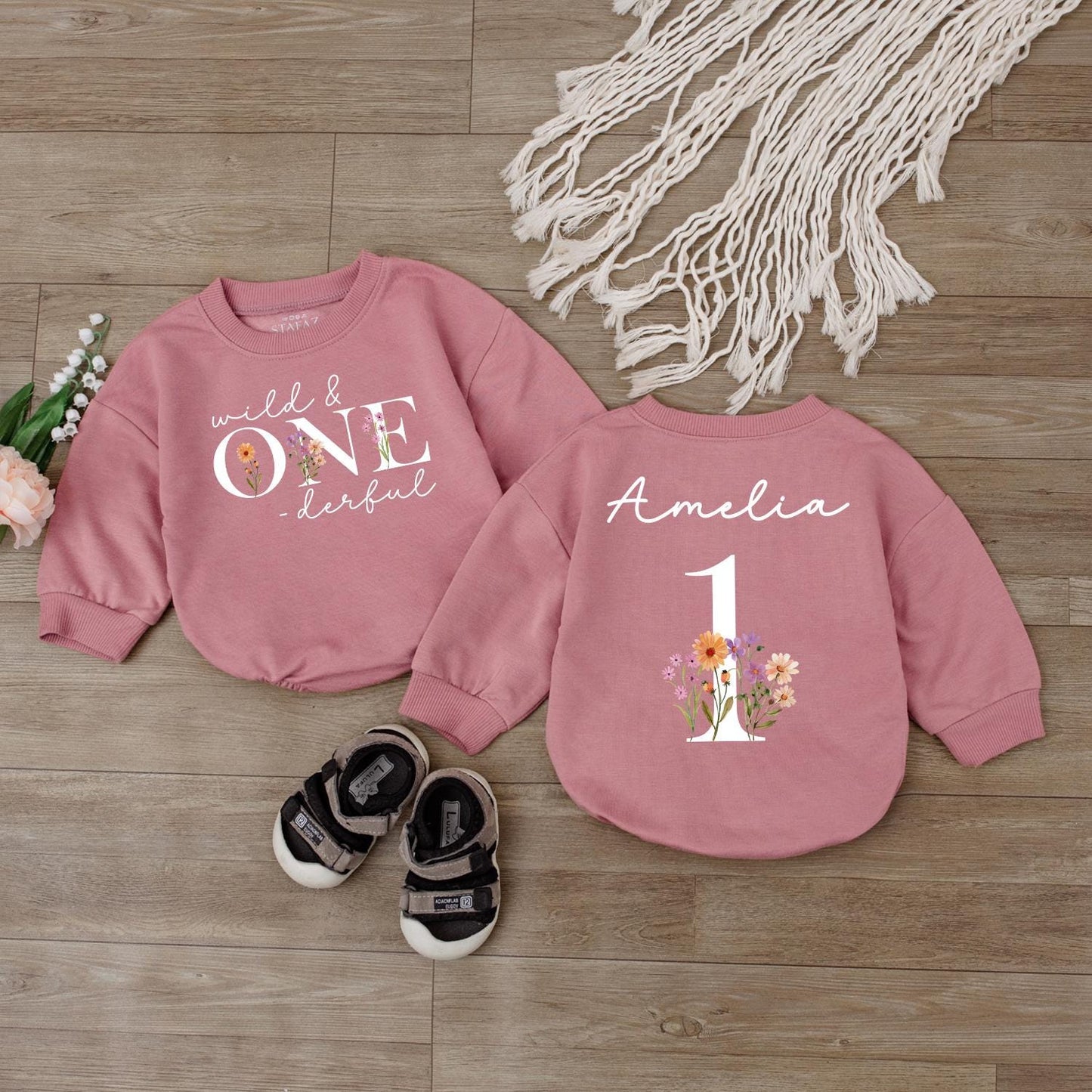 Personalized Boho Floral 1st Birthday Girl Romper | Custom Name Baby Bodysuit | Rustic Outfit