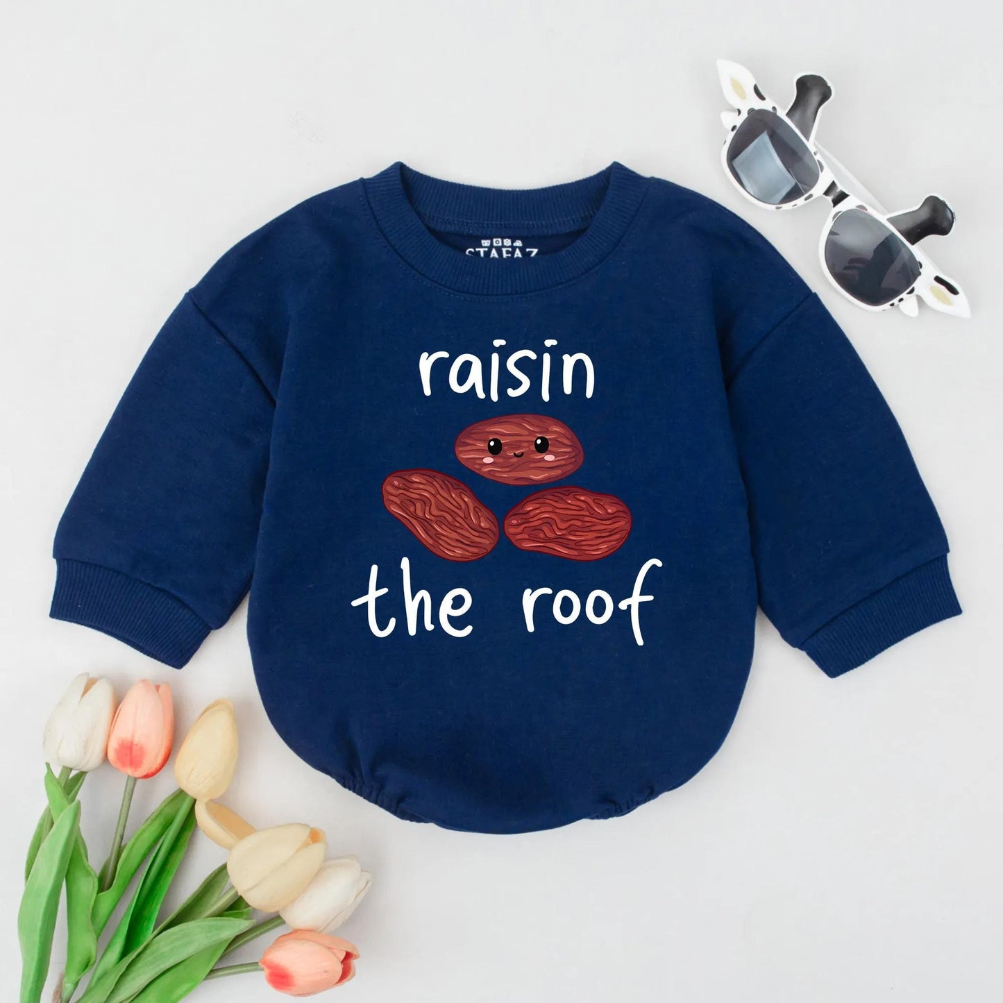 Funny Baby Raisin the Roof Bubble Romper Cute Food Pun Infant Outfit Gender Neutral Newborn Clothes Soft Comfortable Baby Shower Gift