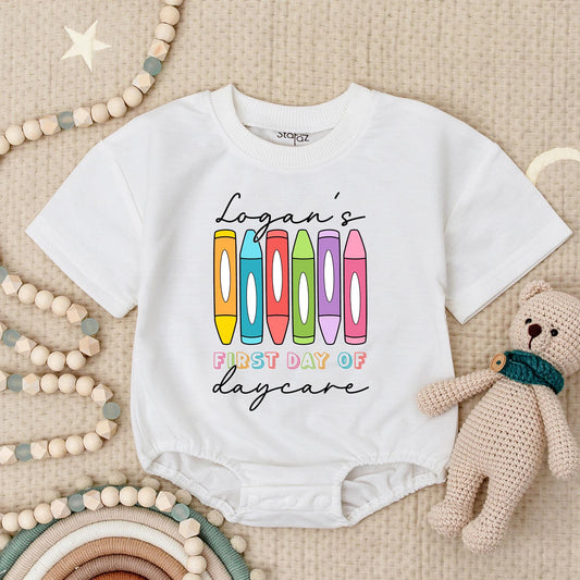 Logan's First Daycare Bodysuit - Crayon Fun! Cheerful School Vibes Baby Outfit, 1st Day of School Clothes, Cute Toddler Gift, Colorful Design