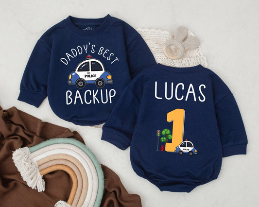 Daddy’s Best Backup Police Baby Romper First Birthday Outfit Custom Law Enforcement Gift Police Car Baby Clothes