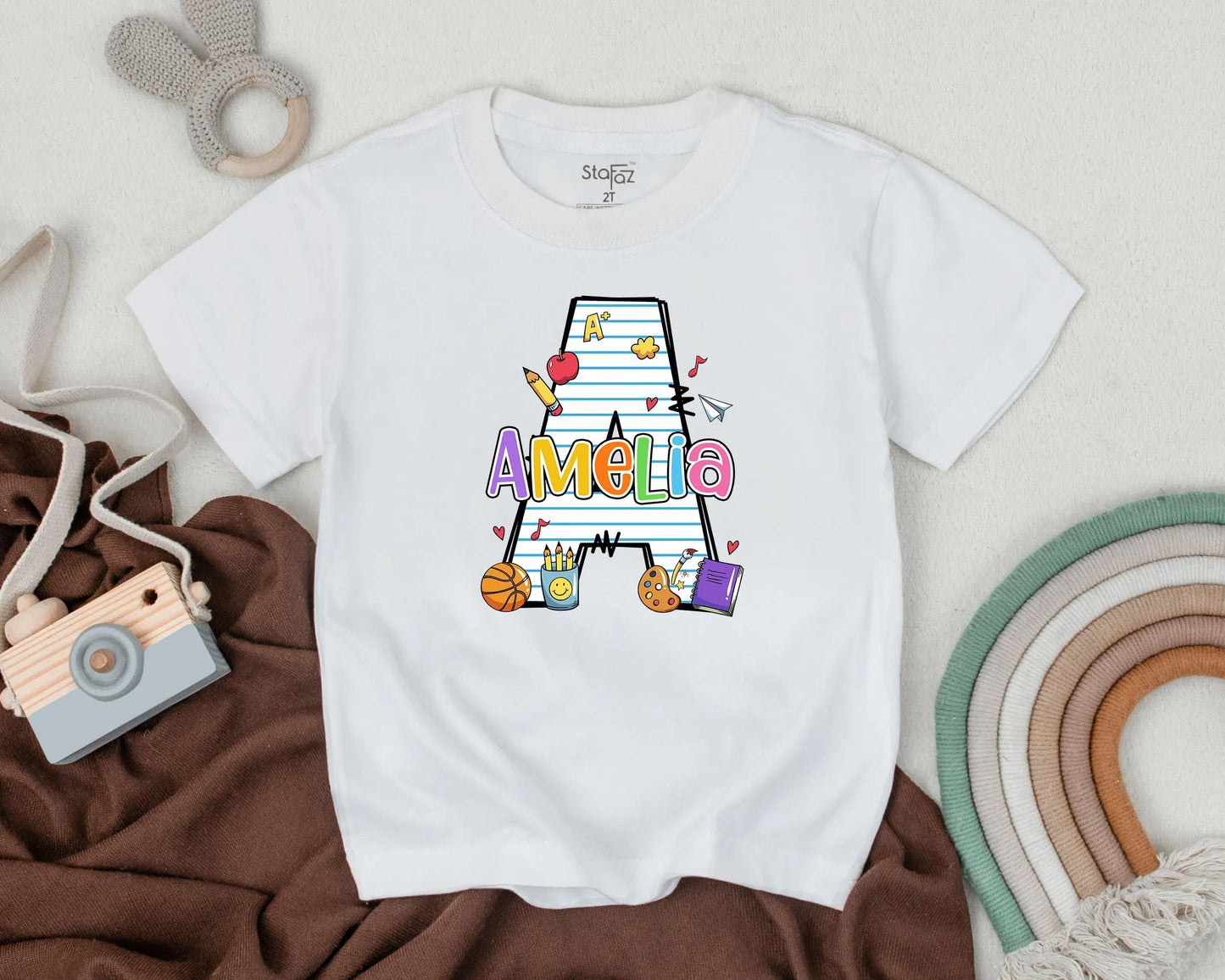 Personalized School Girl Tee with School Supplies, Custom Name First Day of School Toddler Shirt, Preschool Gift, Back to School
