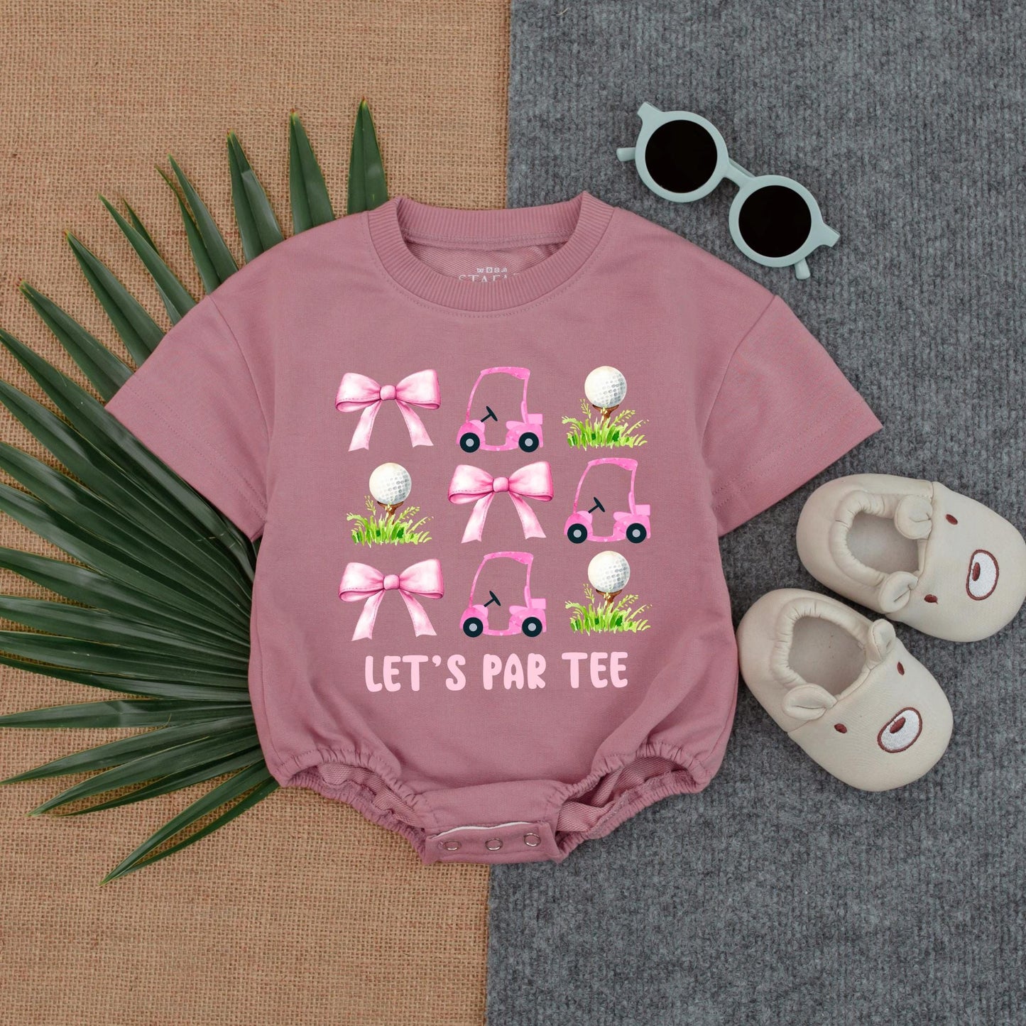 Let's Par Tee Bubble Romper Cute Pink Golf Cart Tee Toddler Girls Golf Outfit Adorable Shirt Birthday Party Wear