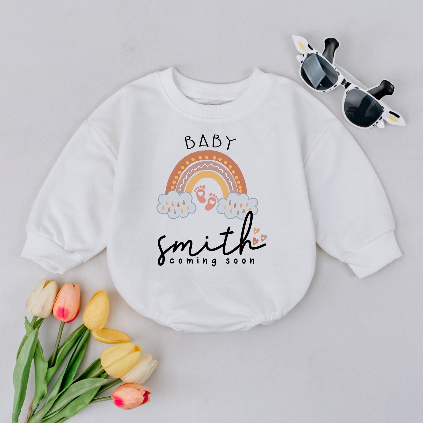 Personalized Baby Coming Soon Romper Rainbow Reveal, Custom Name Baby Shower Gift, Soft Cotton Outfit