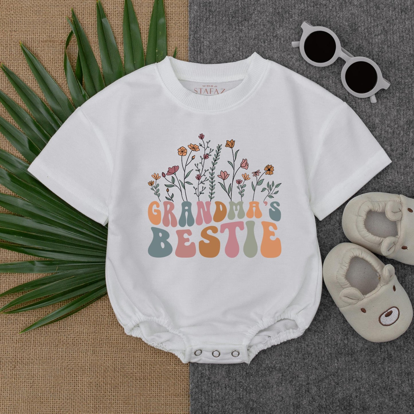 Grandma's Bestie Floral Wildflower Baby Romper Newborn Girl Gift from Grandma Cute Retro Outfit for Baby Shower Spring